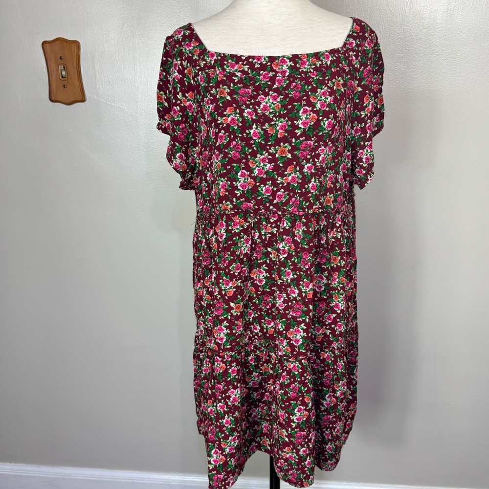 Natural Life Sz L/XL Pink Ditsy Floral Square Neck Short Sleeve Boho Mini Dress